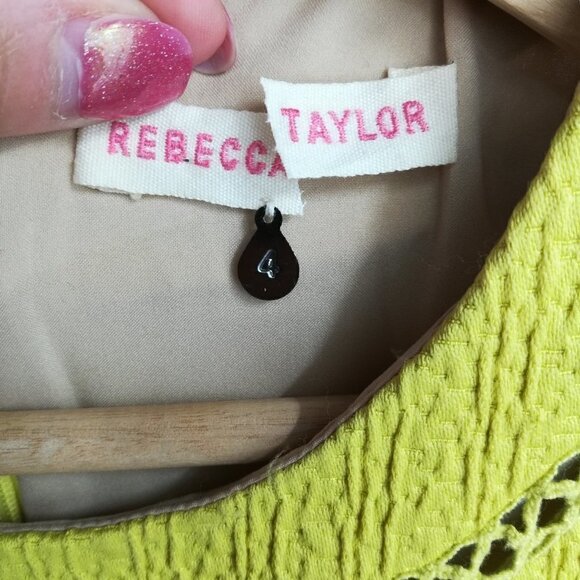 Rebecca Taylor Chartreuse Lattice Nude Illusion Dress Size 4 Green Sheath Lined - Picture 12 of 12